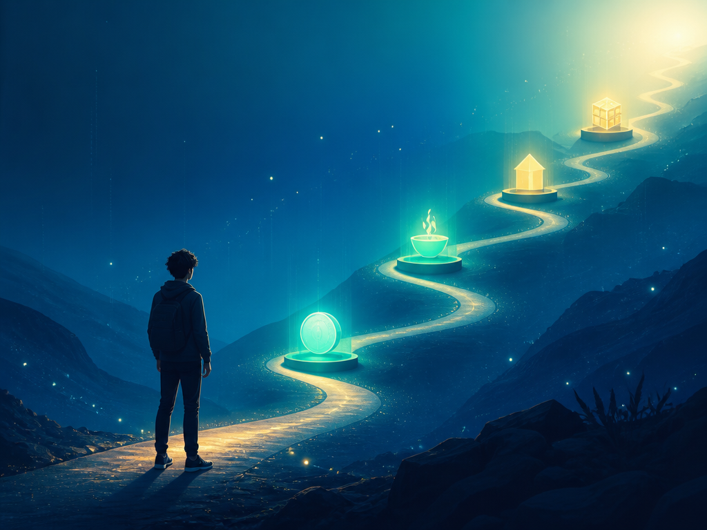A young person at the start of a glowing path with milestones for Money, Food, Home, and Organization